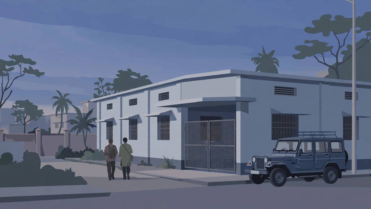 Editorial illustration of a West Bengal police station exterior at dusk with a police jeep parked outside
