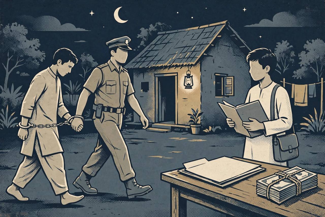 Editorial illustration of police leading a generic political figure away at night in Jhargram while a job aspirant holds an application folder