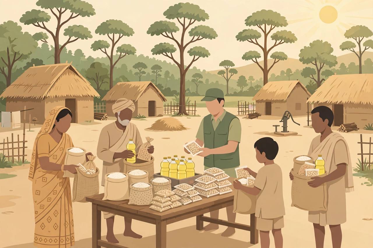 Editorial illustration of a rural tribal village distribution scene in Jhargram with generic villagers receiving bags of rice, pulses, cooking oil and soya chunks at a distribution table