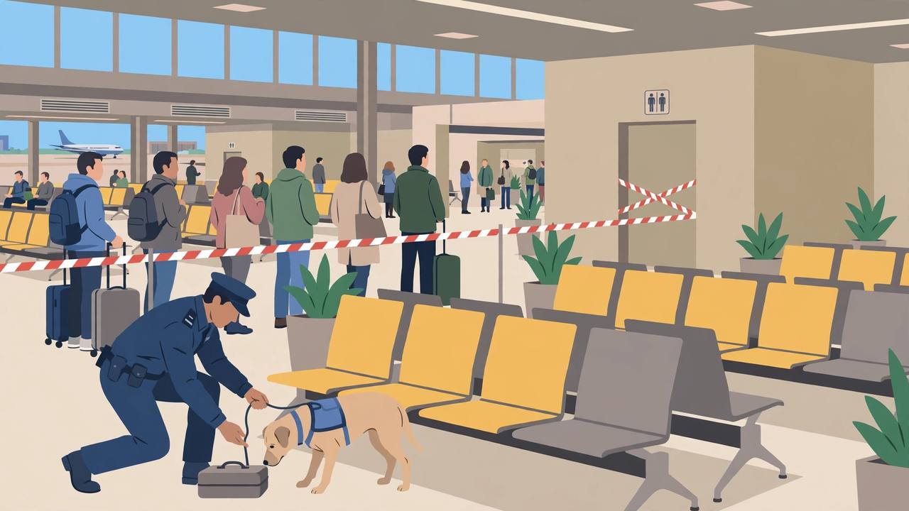 Editorial illustration of a security officer with a sniffer dog searching a cordoned boarding-gate area at an airport