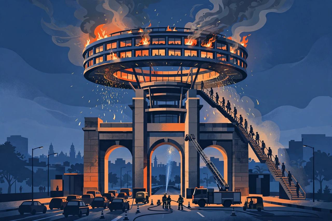 Editorial illustration of a fire at the hanging restaurant atop Biswa Bangla Gate in New Town, Kolkata, with firefighters and an evacuation below