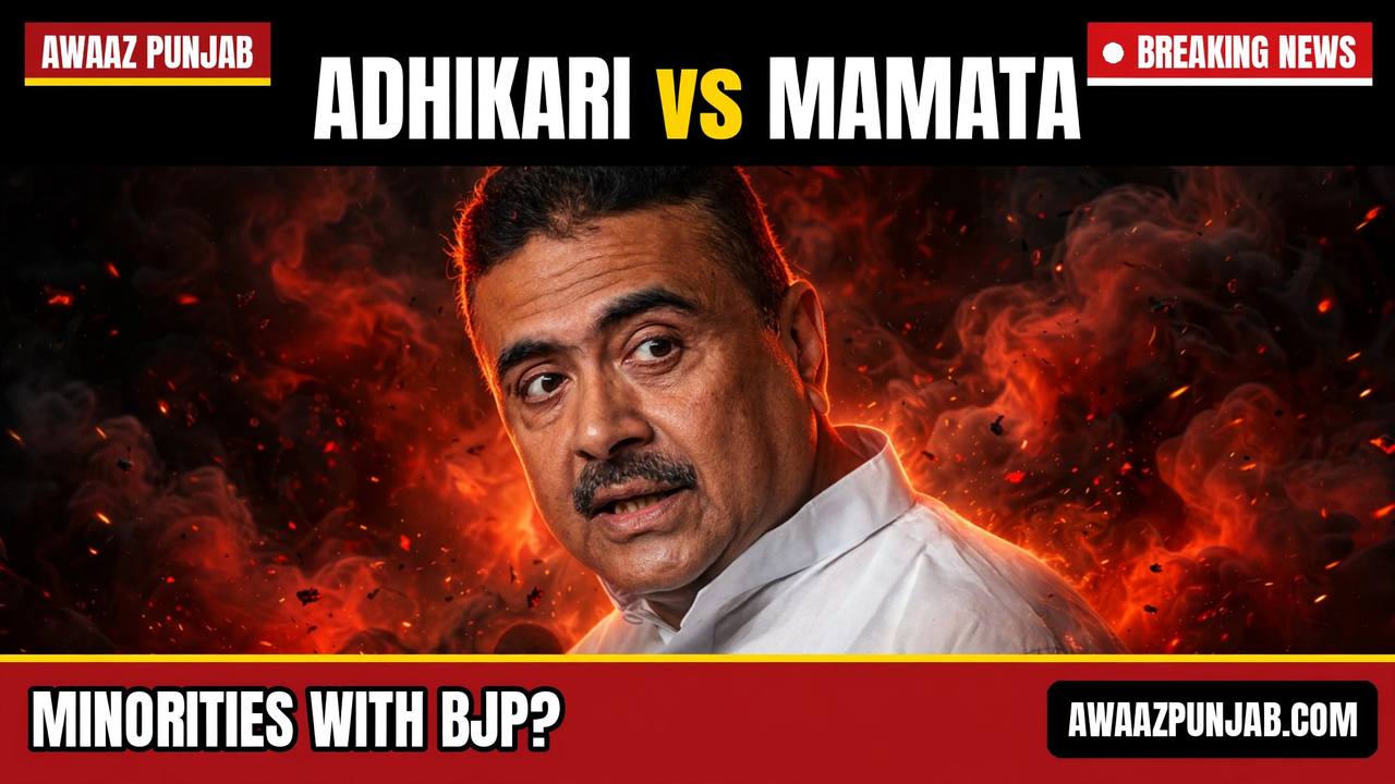 Branded thumbnail of West Bengal Chief Minister Suvendu Adhikari with the headline Adhikari vs Mamata and the hook Minorities with BJP?