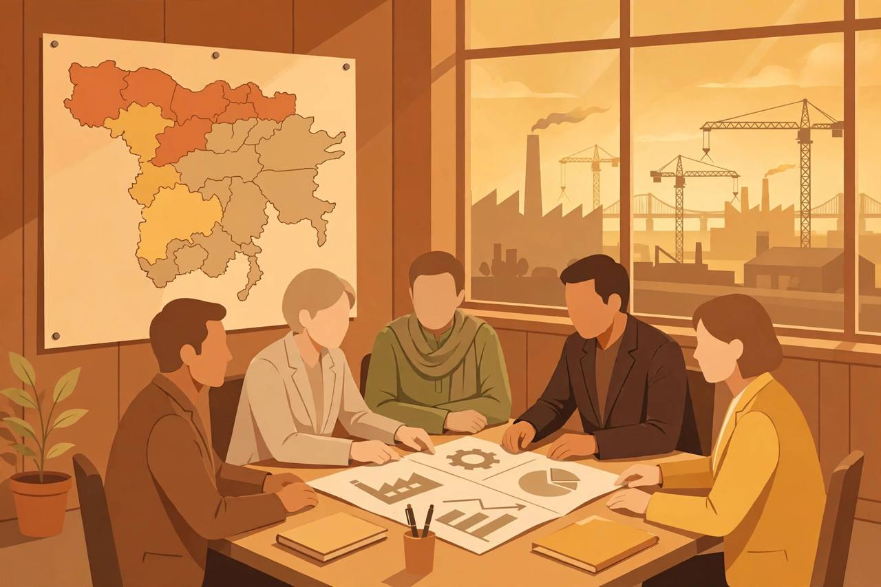 Editorial illustration of generic officials around a cabinet table in Kolkata reviewing an industrial policy document, with factory silhouettes and a map of West Bengal in the background