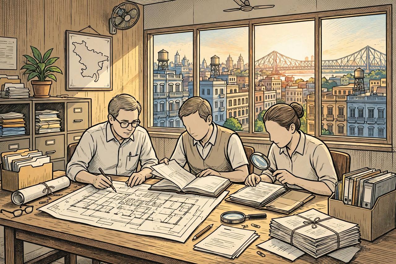 Editorial illustration of auditors examining building-plan files and property tax registers at a municipal office in West Bengal