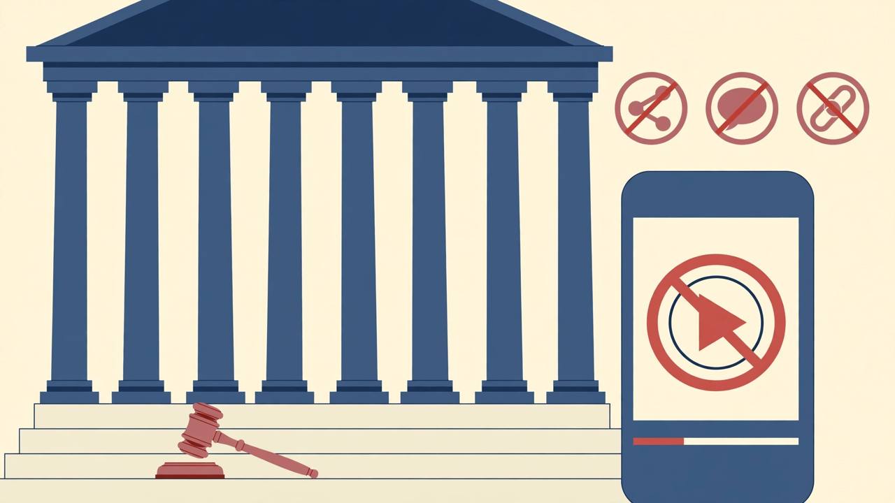 Editorial illustration of a courthouse with a gavel beside a smartphone showing a blocked video player