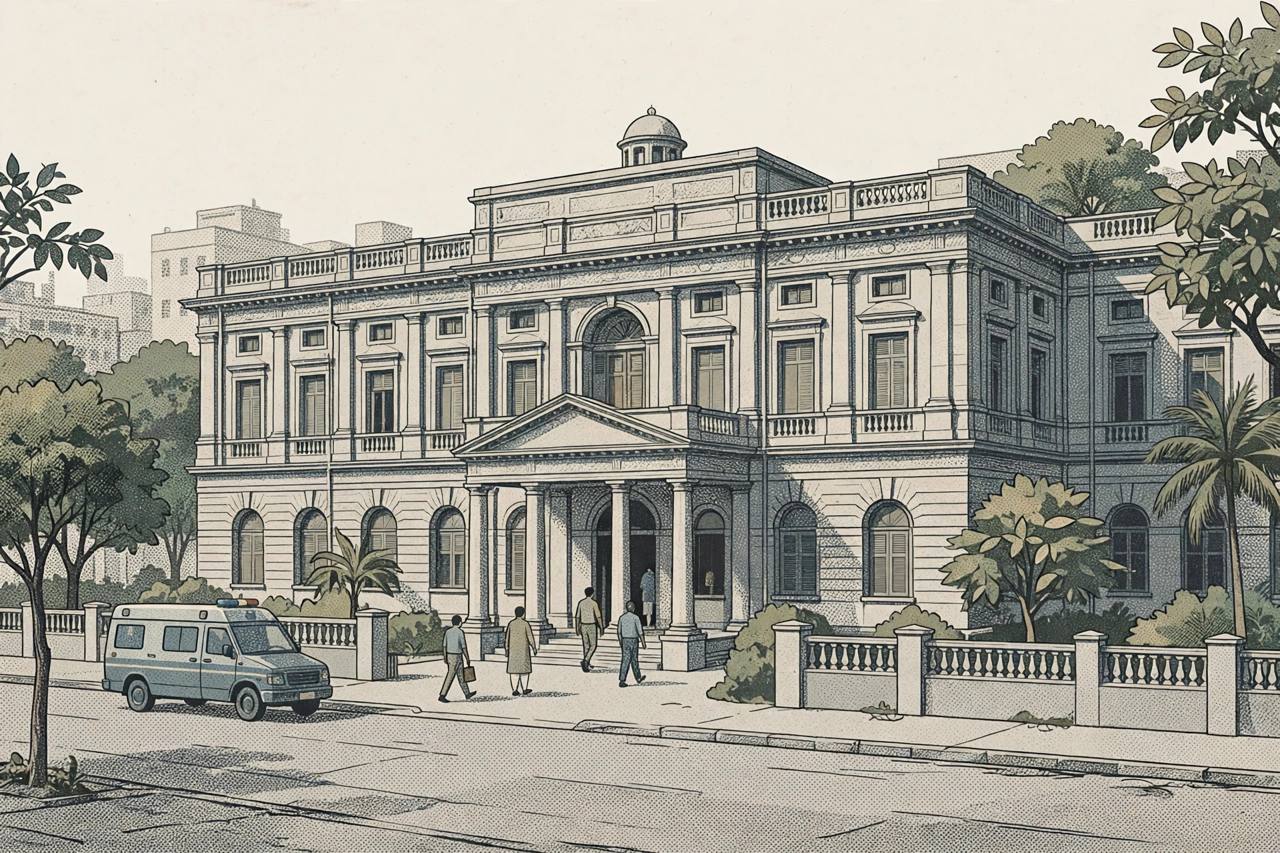 Editorial illustration of the exterior of a large government hospital building with an ambulance parked outside