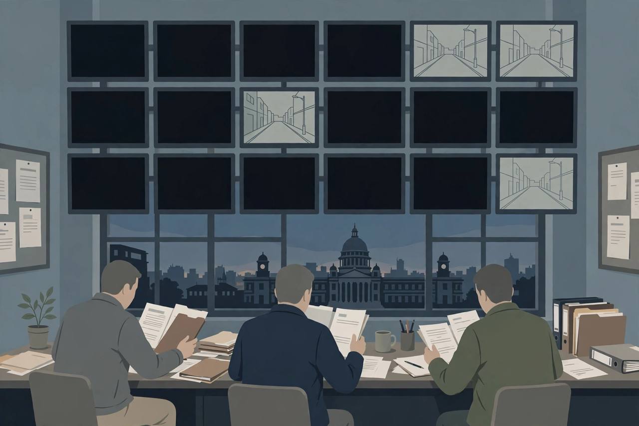 Editorial illustration of investigators reviewing CCTV monitors, several of them dark, at a police desk