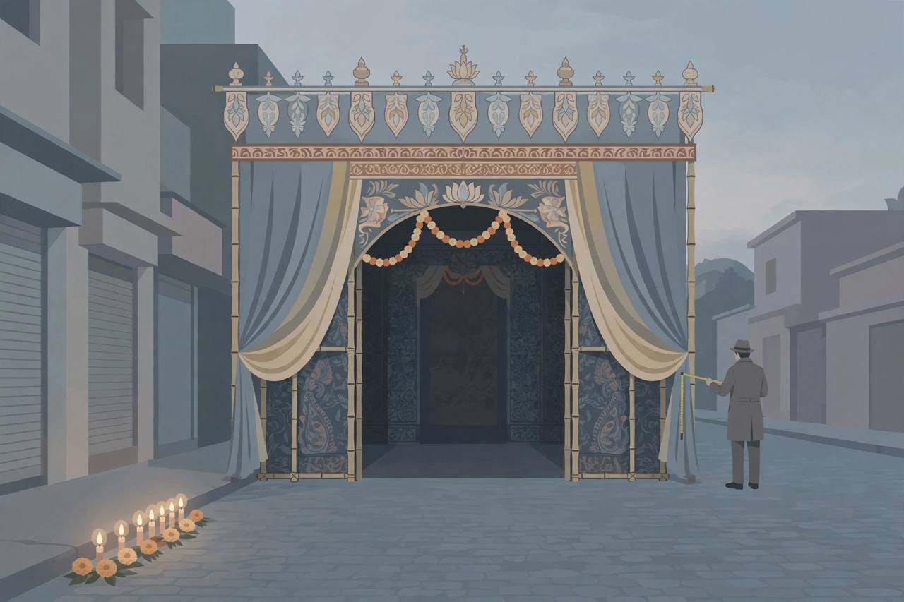 Editorial illustration of a Kolkata Durga Puja pandal entrance with candles placed respectfully outside
