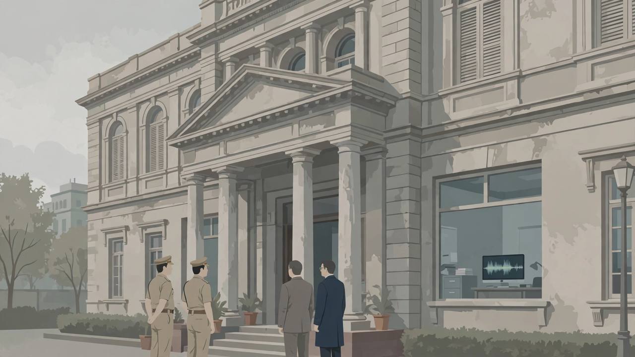 Editorial illustration of a generic courthouse building in Kolkata with police officers and officials standing quietly outside, respectful sombre mood, no depiction of any incident