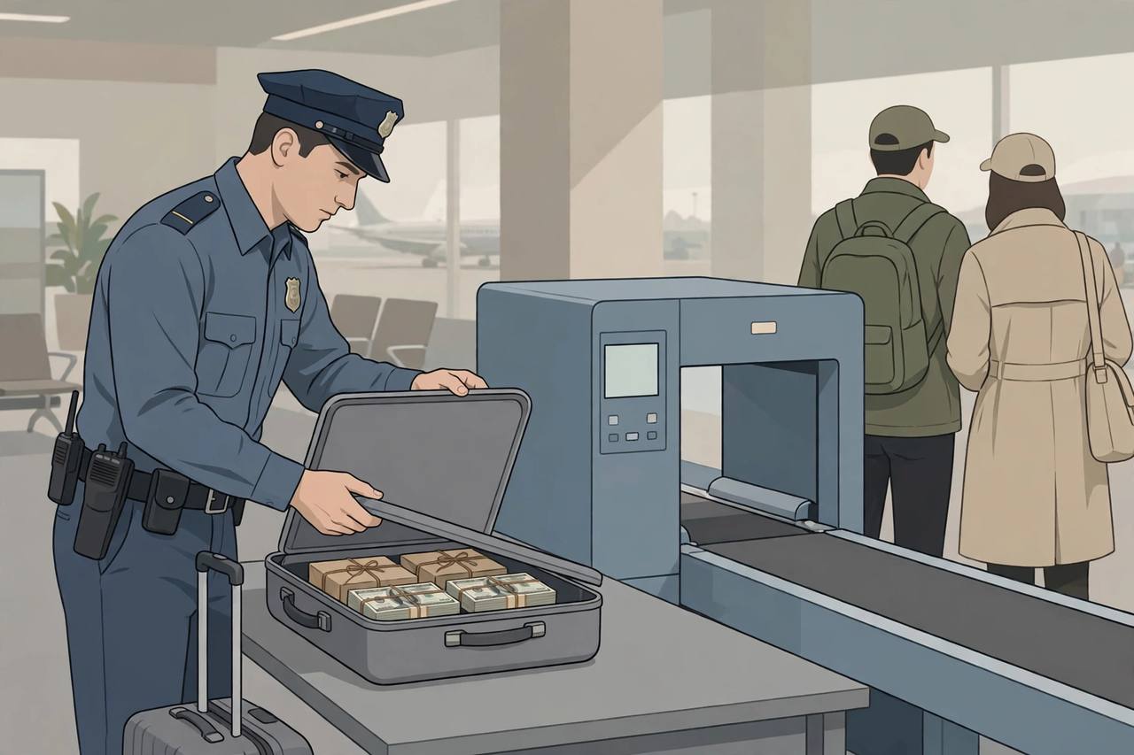 Editorial illustration of airport security screening with an open suitcase showing a false bottom and wrapped currency bundles