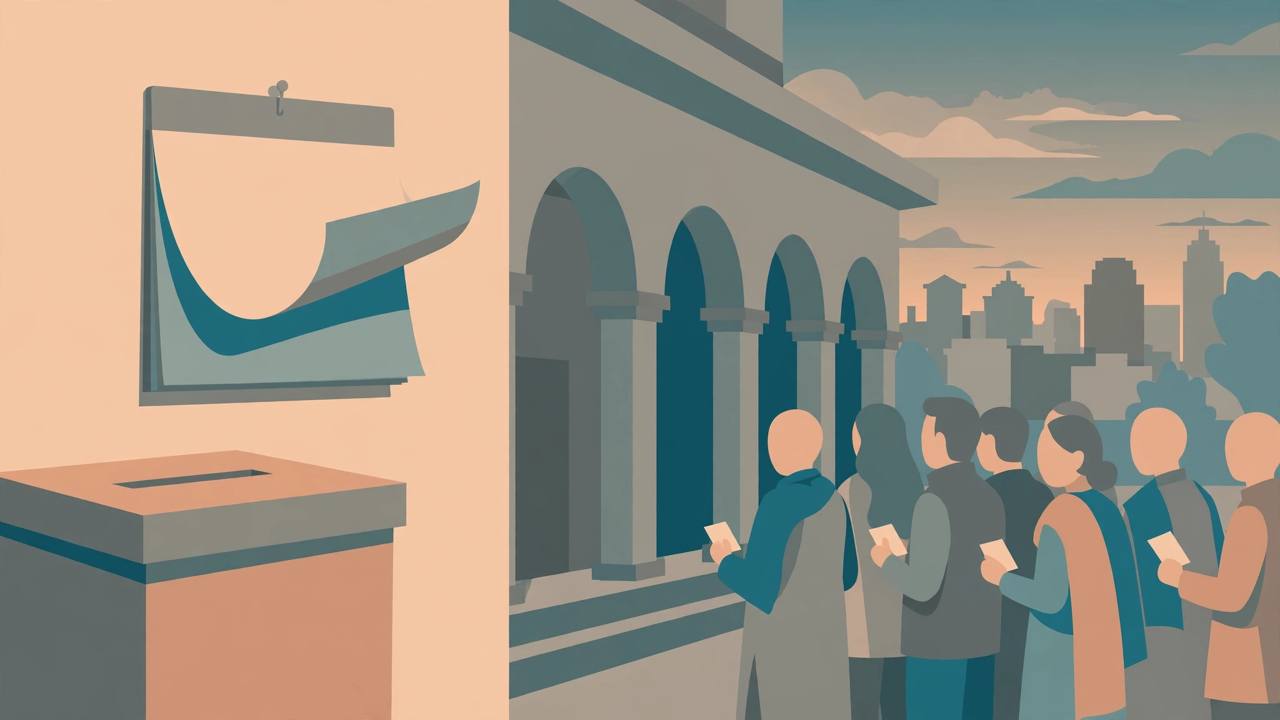 Editorial illustration of a ballot box and a turning calendar page beside a municipal building, with generic voters holding blank voter cards in a queue