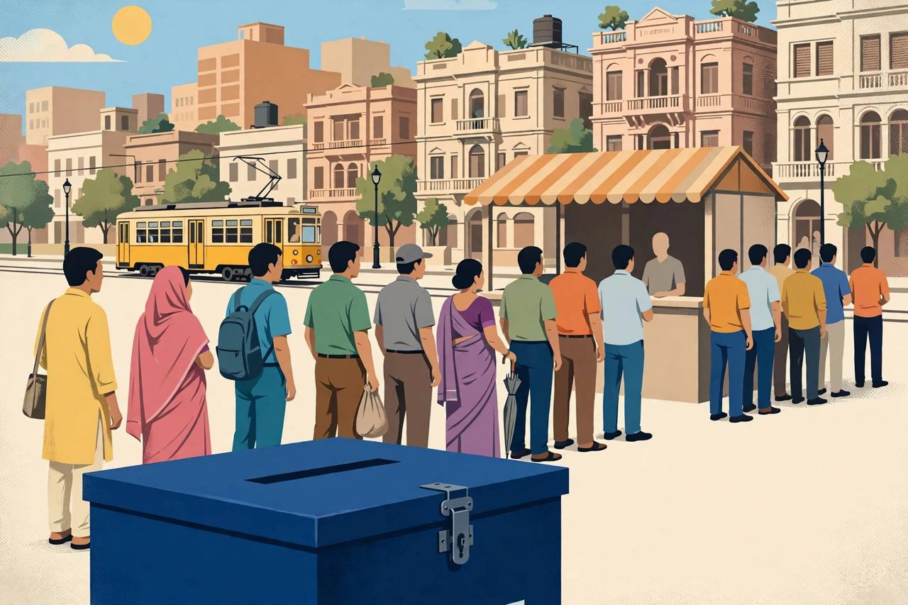 Editorial illustration of generic voters queueing at a municipal polling booth in Kolkata, with a ballot box in the foreground and a tram in the background