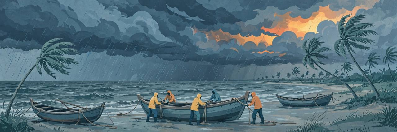 Editorial illustration of fishermen securing boats on a West Bengal beach under dark storm clouds, heavy rain and a choppy sea