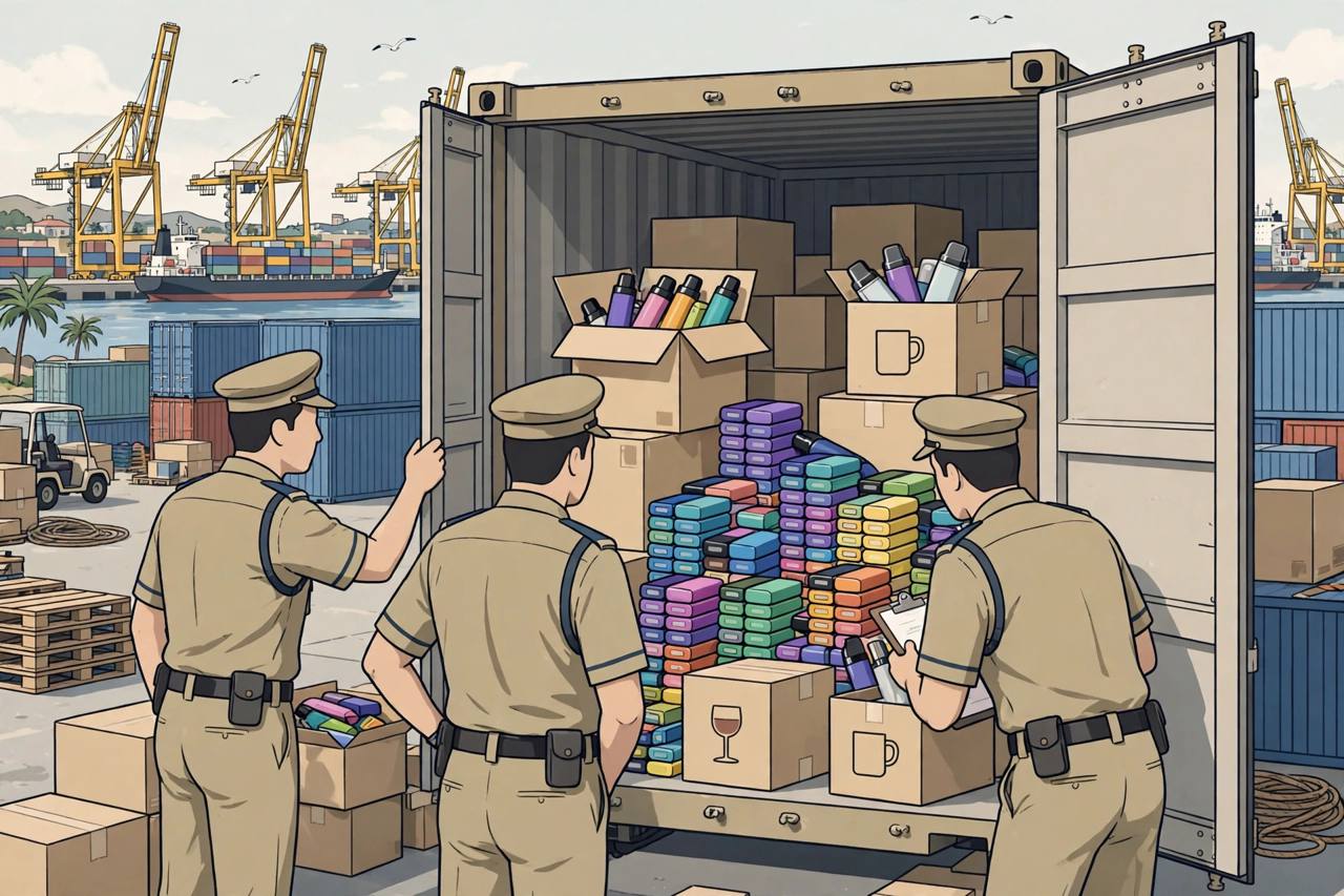 Editorial illustration of customs officers opening a shipping container at Kolkata port and finding stacks of e-cigarettes hidden behind declared cargo