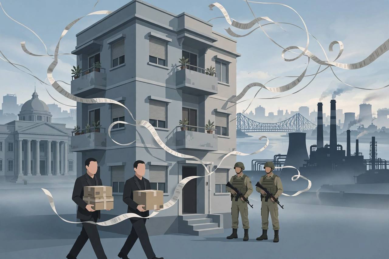Editorial illustration of enforcement officers carrying sealed document boxes out of a Kolkata residential building, with a bank and power plant in the background