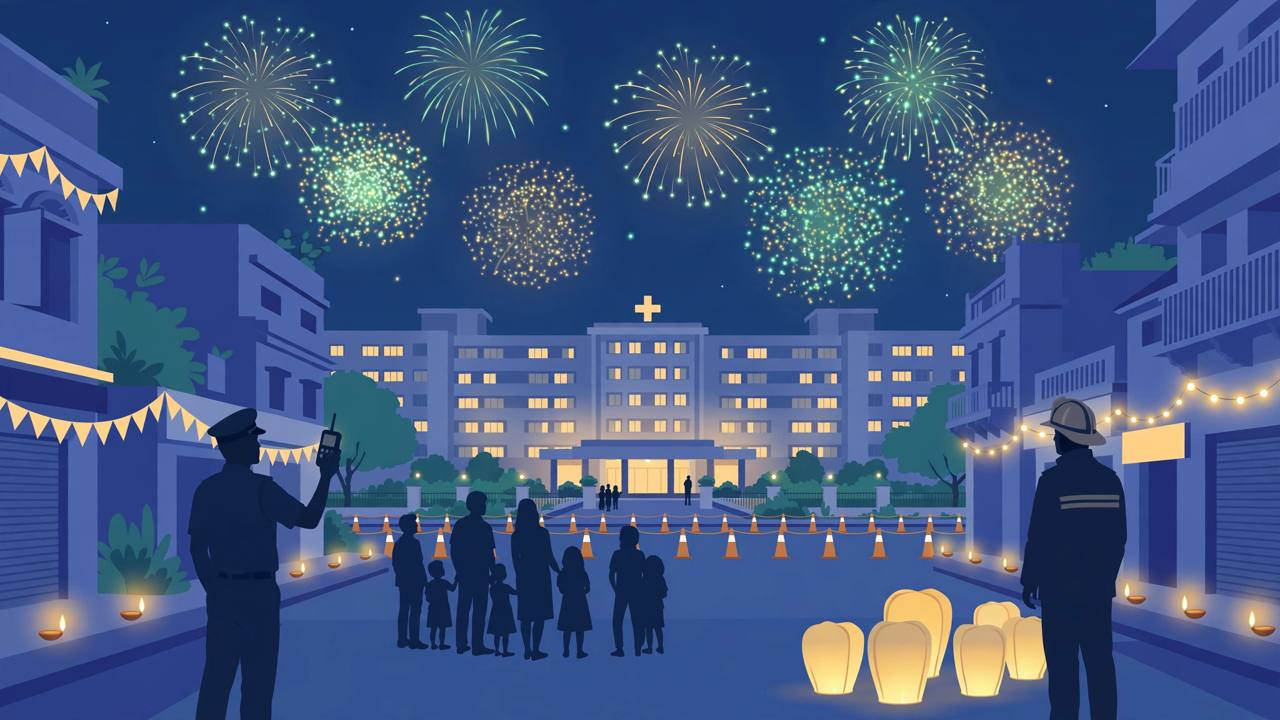 Editorial illustration of green firecrackers bursting over a Kolkata street at night, with a hospital in the background, families watching and paper lanterns kept on the ground