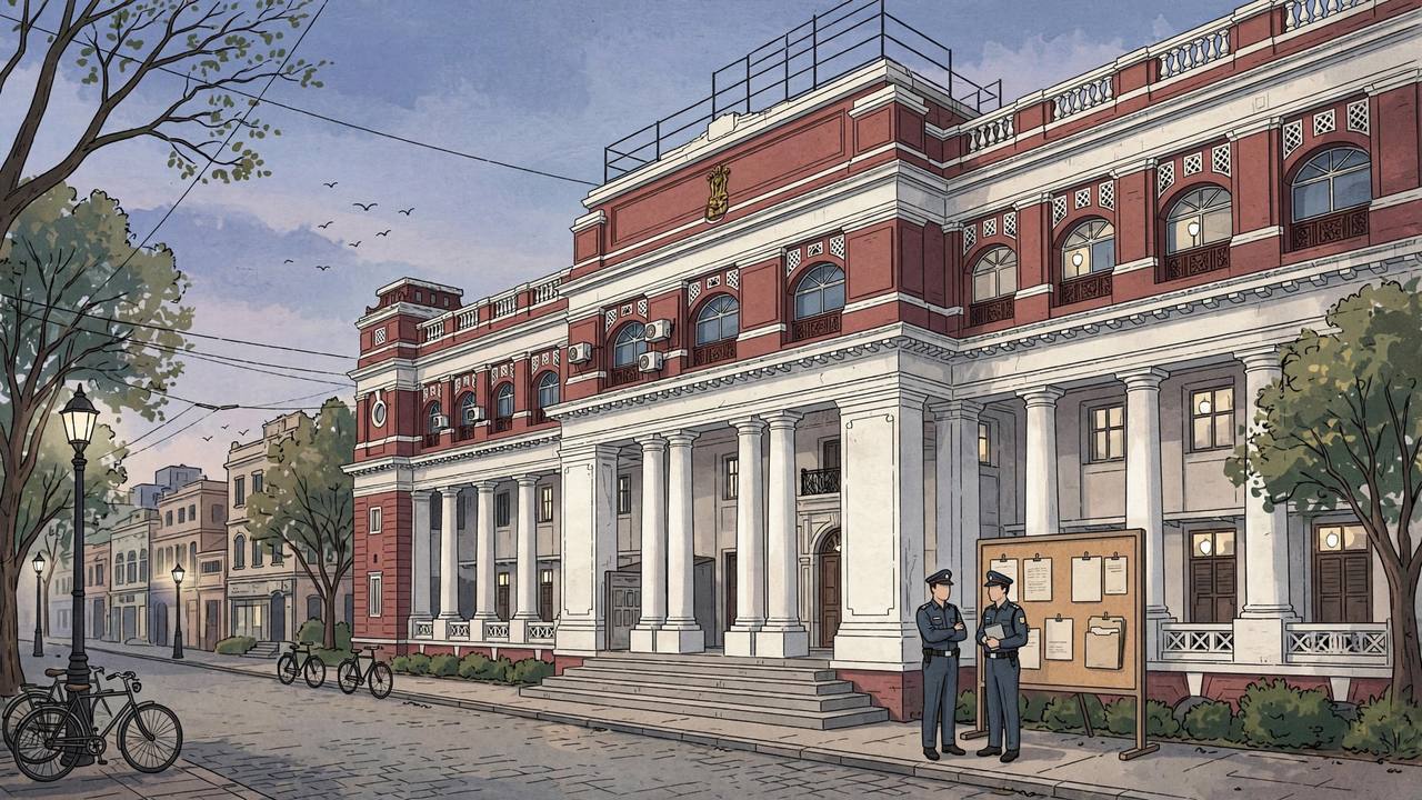 Editorial illustration of a Kolkata police headquarters building at dusk with generic police officers standing at the entrance