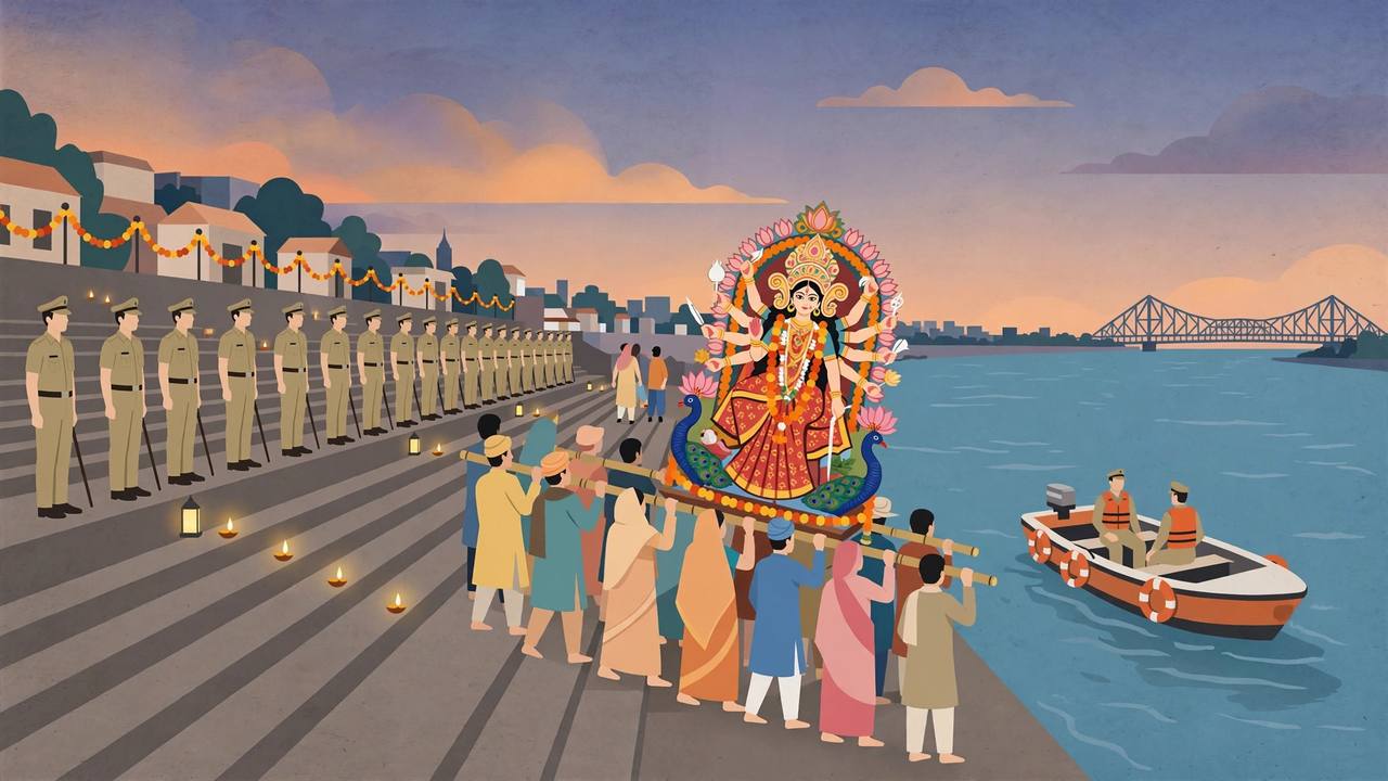 Editorial illustration of a Durga idol immersion at a Kolkata river ghat supervised by police officers in a cordon
