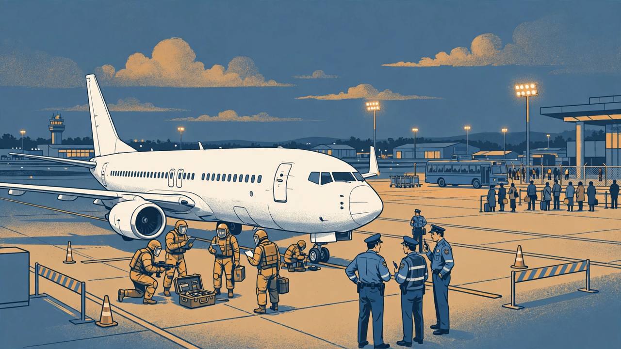 (Editorial illustration) Security officers inspecting a parked passenger jet in an airport isolation bay at dusk