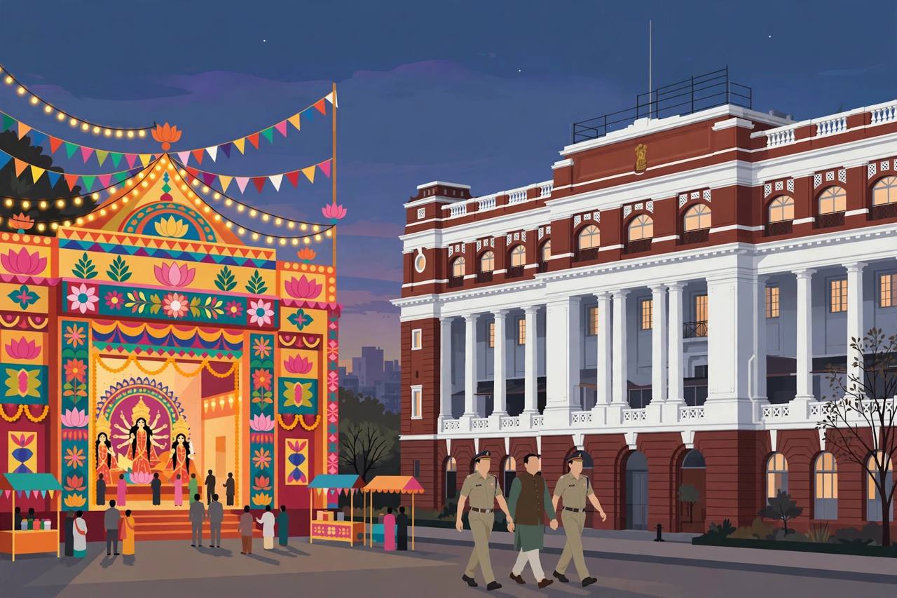 Editorial illustration of generic police officers escorting a generic man toward a Kolkata police headquarters building with a Durga Puja pandal in the background