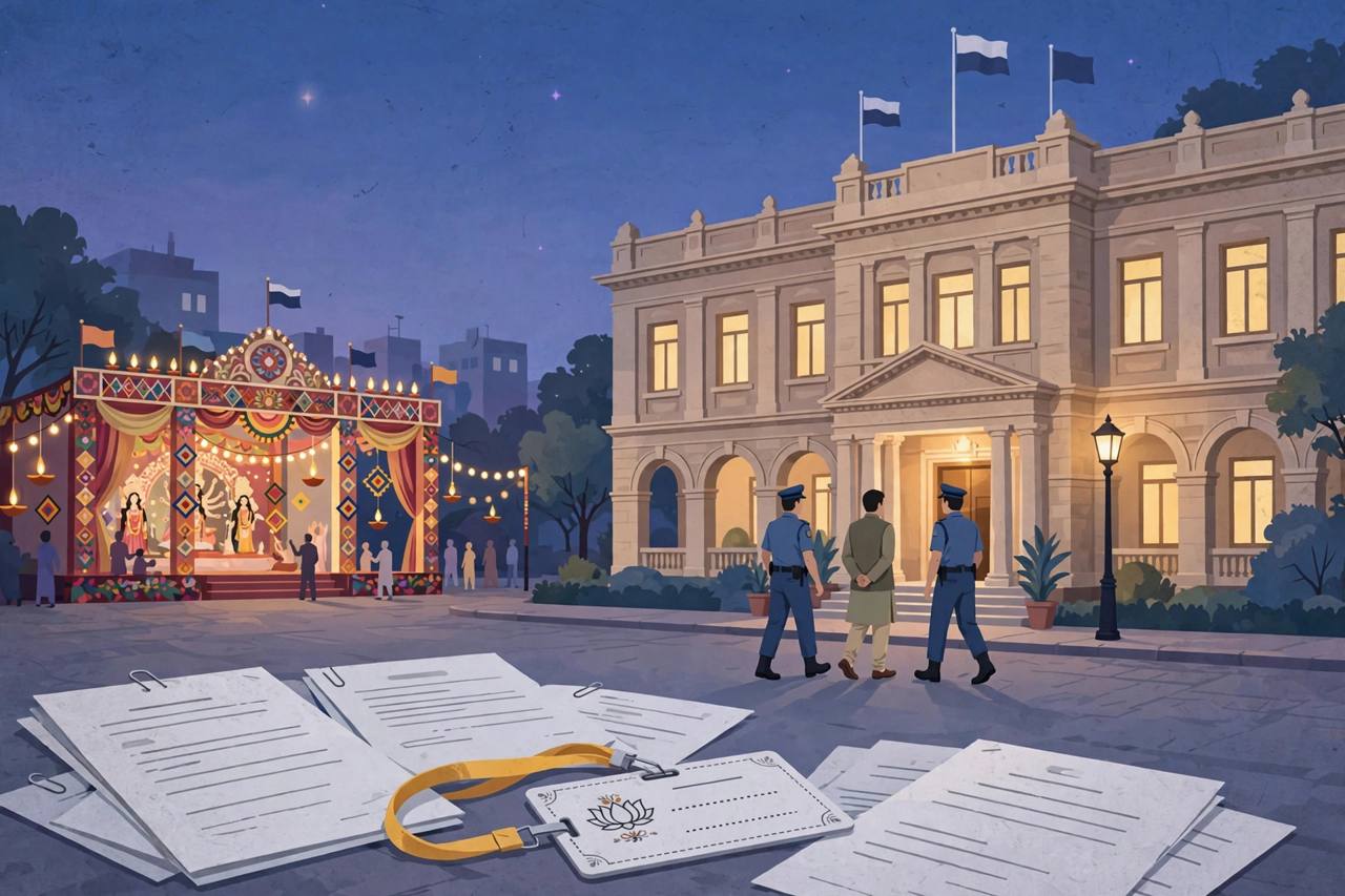 Editorial illustration of a police headquarters building in Kolkata at dusk with a generic figure being escorted by police officers and a Durga Puja pandal in the background