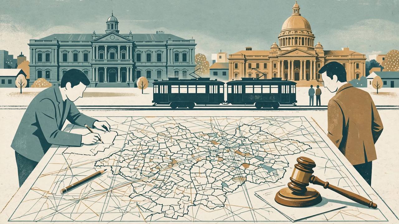 Editorial illustration of a city ward map being redrawn on a table with a judge's gavel beside it, a tram and municipal buildings in the background in Kolkata