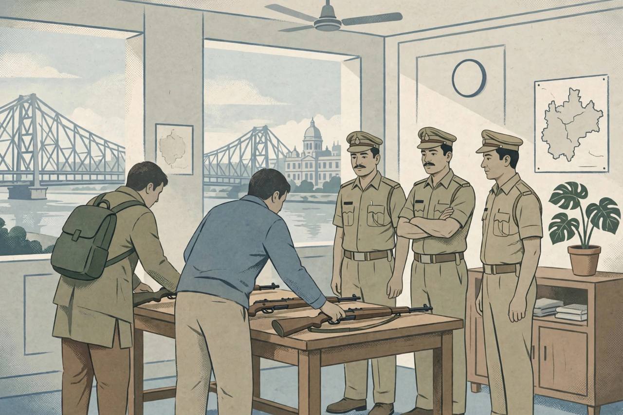 Editorial illustration of two generic figures laying down rifles before police officers in Kolkata