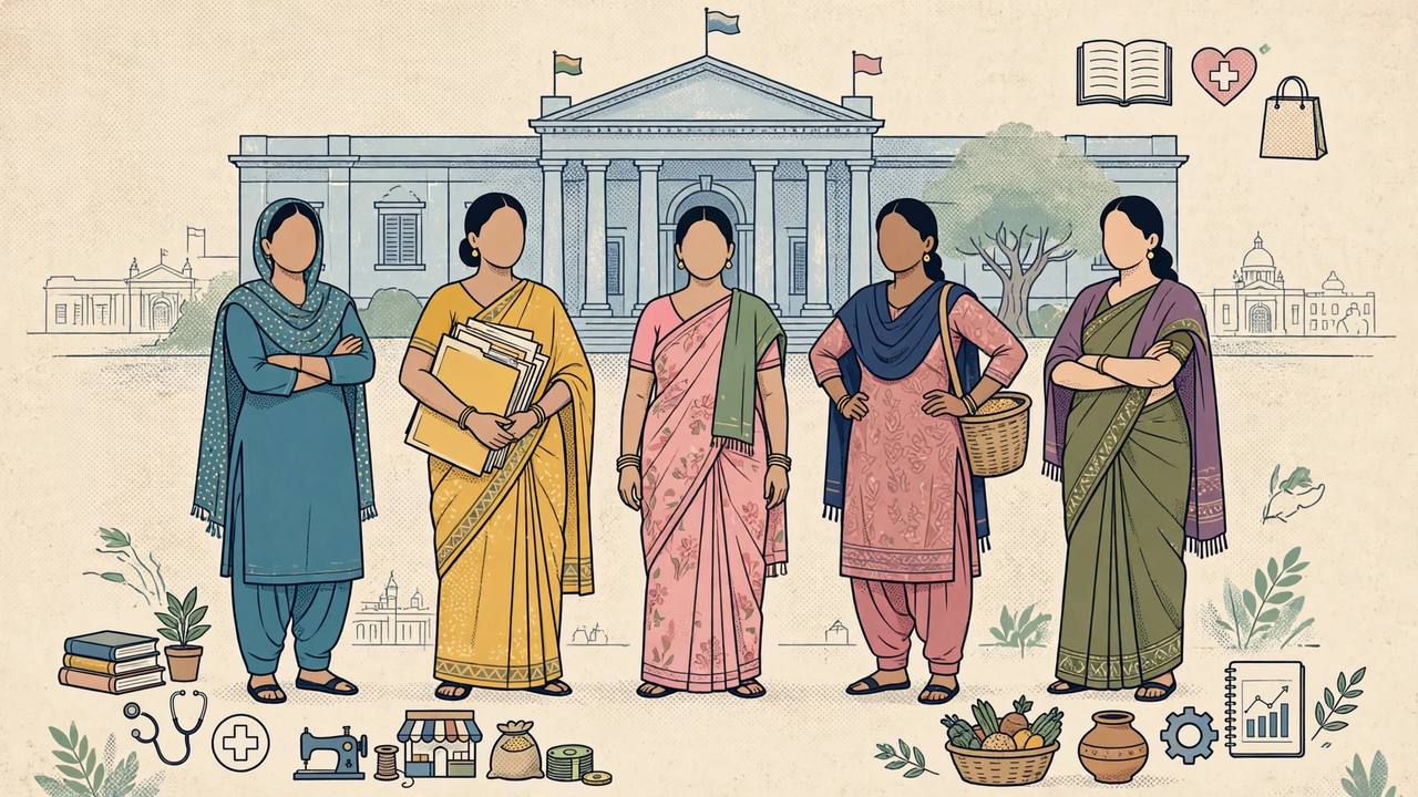 Editorial illustration of women standing together in front of a government building in Kolkata, one holding a policy document