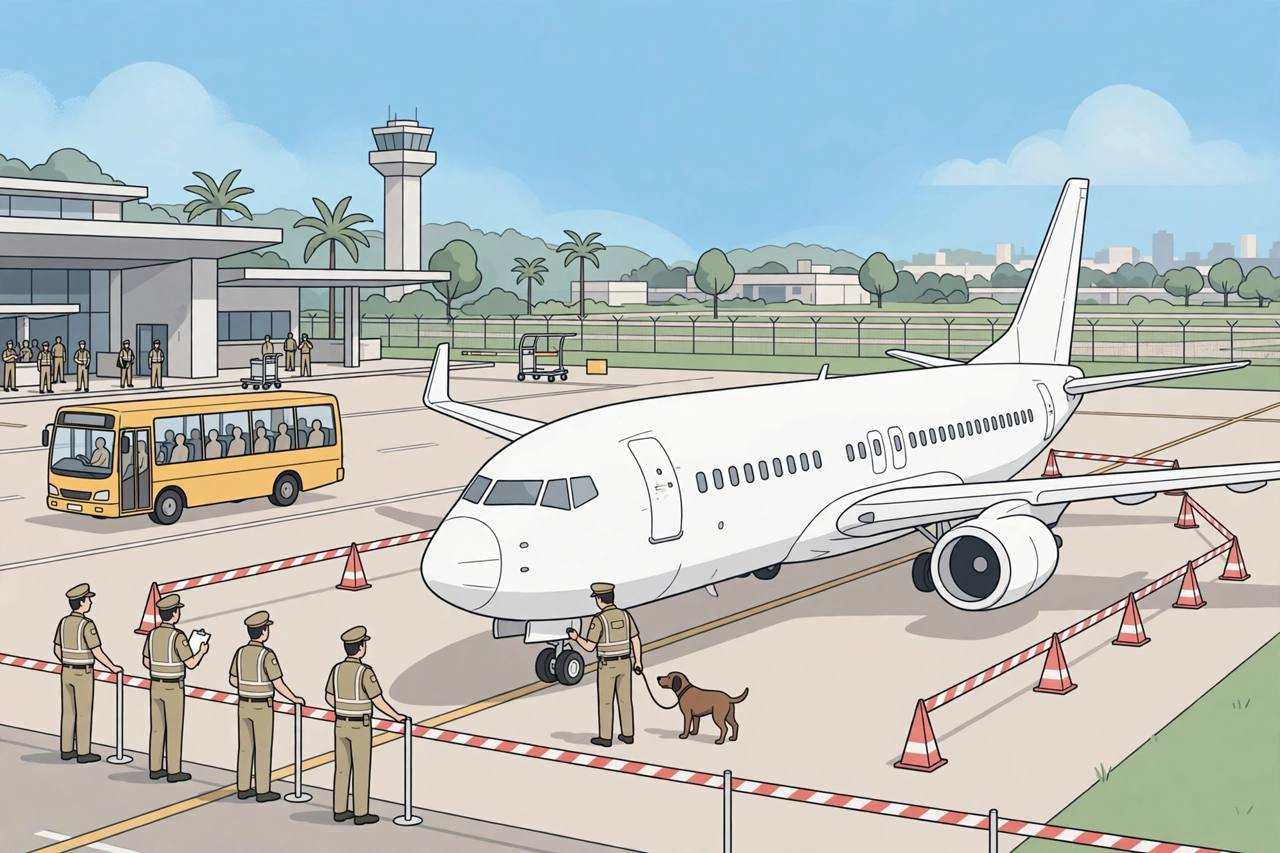 (Editorial illustration) A generic passenger jet in an airport isolation bay, with a security officer and sniffer dog and passengers waiting in a bus