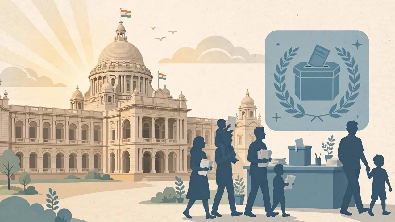 Editorial illustration of a government secretariat building in Kolkata with families holding application papers walking toward an employment office