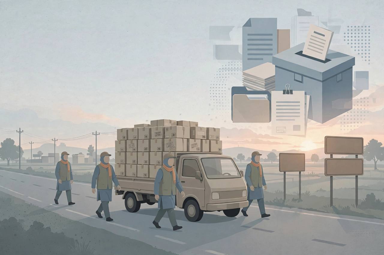 Editorial illustration of a truck carrying sealed document boxes on a highway, with generic workers walking beside it