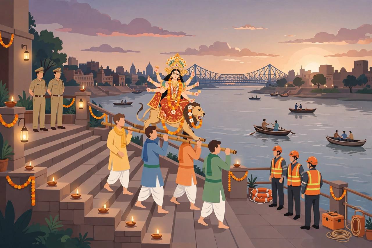 Editorial illustration of carriers taking a Durga idol down the Babughat steps to the Hooghly river in Kolkata for immersion, with security personnel watching