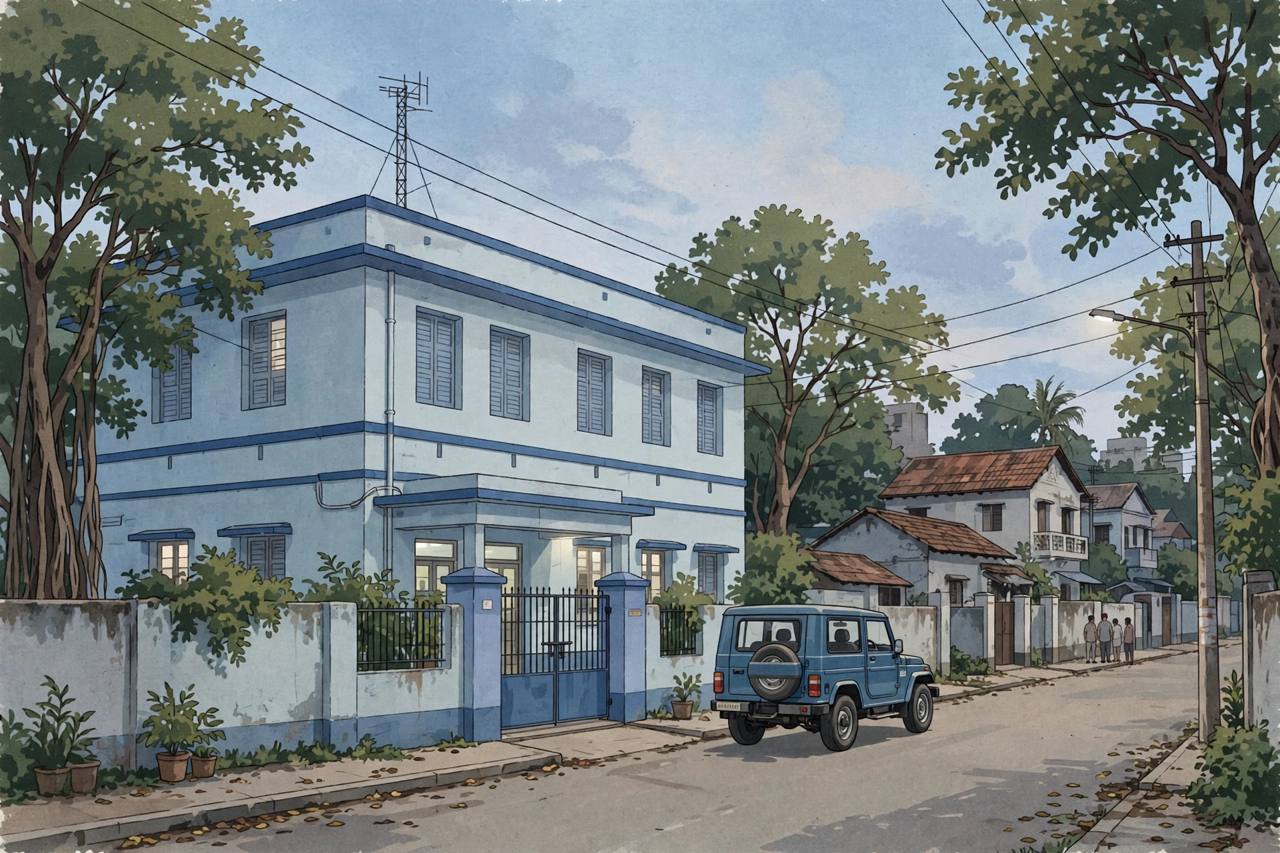 Editorial illustration of a Kolkata police station building with a police jeep parked outside on a quiet residential street in south Kolkata