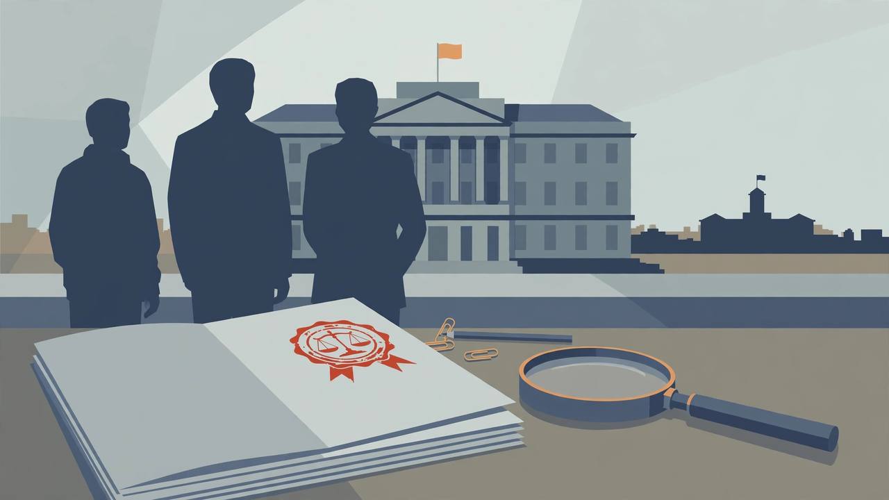 Editorial illustration of an official notice document with a seal and a magnifying glass in front of a government building