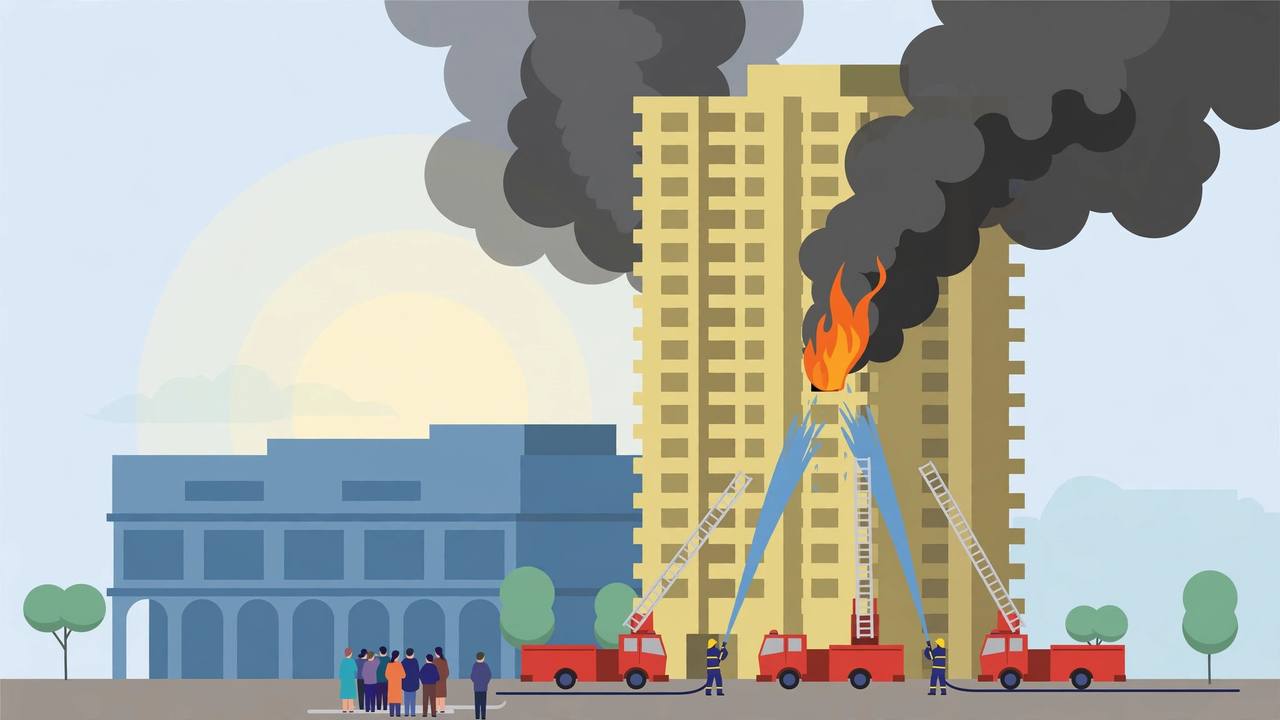 Editorial illustration of a fire on an upper floor of a tall Kolkata residential tower, with thick black smoke, fire engines and firefighters below and residents watching from the street