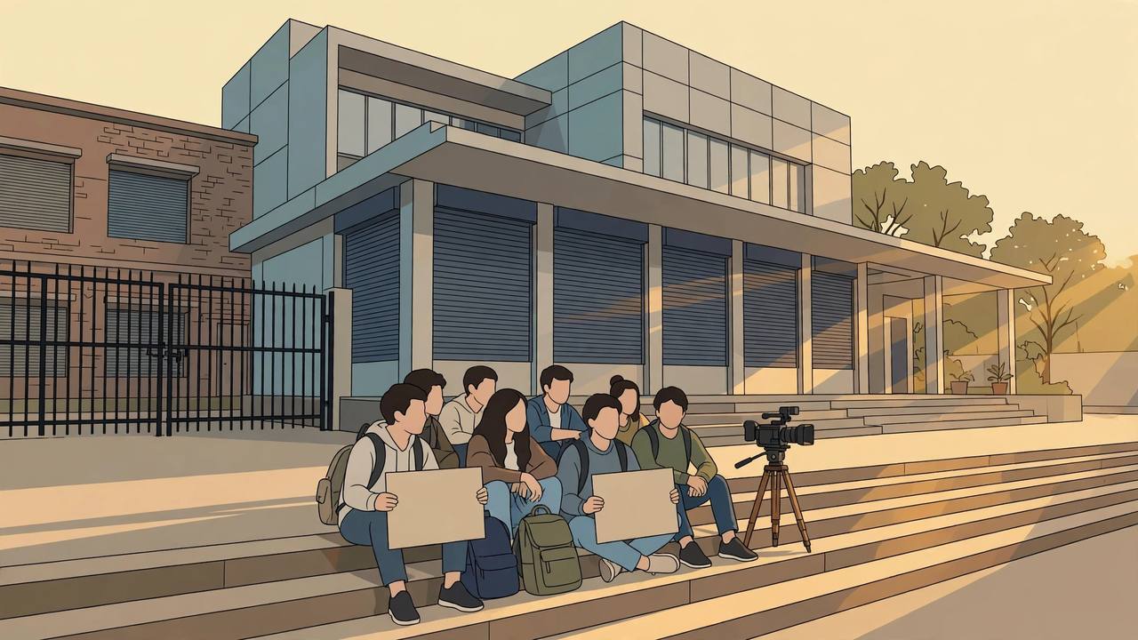 Editorial illustration of generic film students on a peaceful sit-in on the steps of a film institute building in Kolkata, with a film camera on a tripod, blank placards and a closed hostel gate