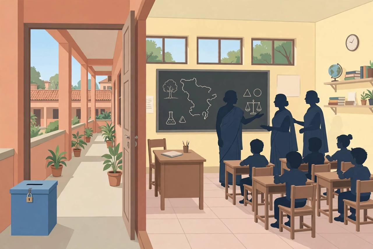 Editorial illustration of a West Bengal government school classroom with a ballot box kept outside the door, showing future teachers separated from election politics