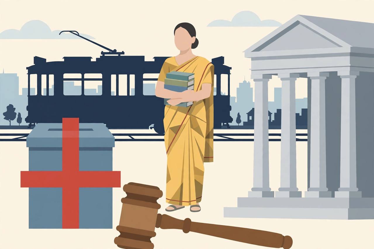 Editorial illustration of a schoolteacher standing between a ballot box marked barred and the pillars of a high court, representing West Bengal's proposed election bar on newly recruited teachers and the promised court challenge