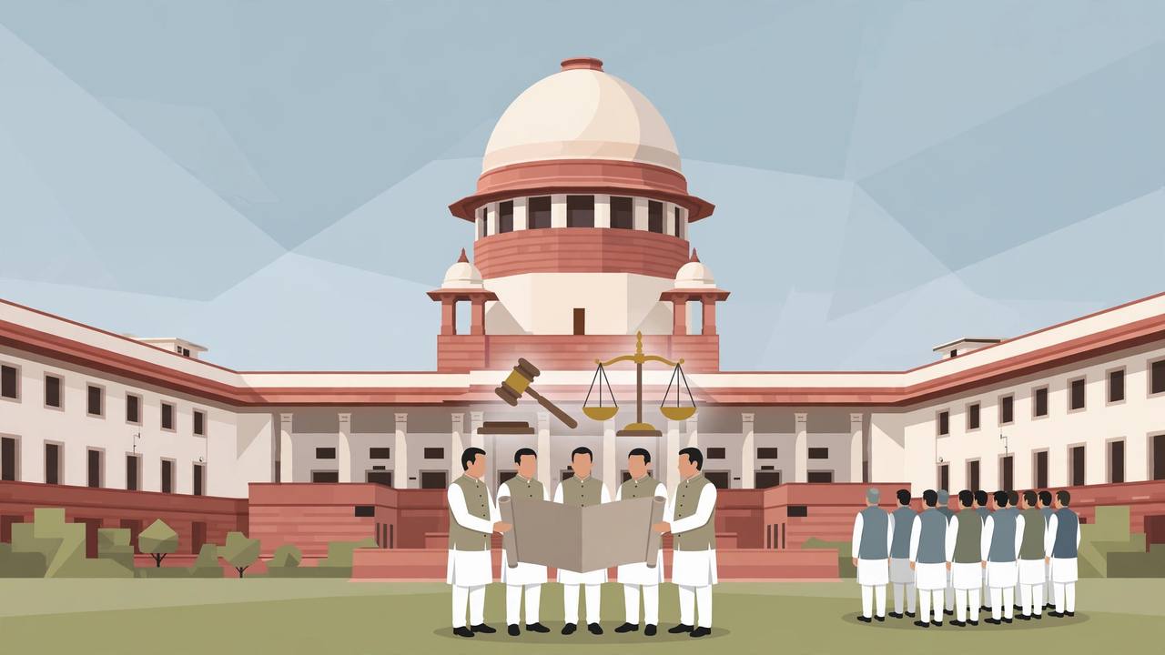 (Editorial illustration) The Supreme Court of India building with generic Indian legislators holding a legal petition document, a gavel and scales of justice above
