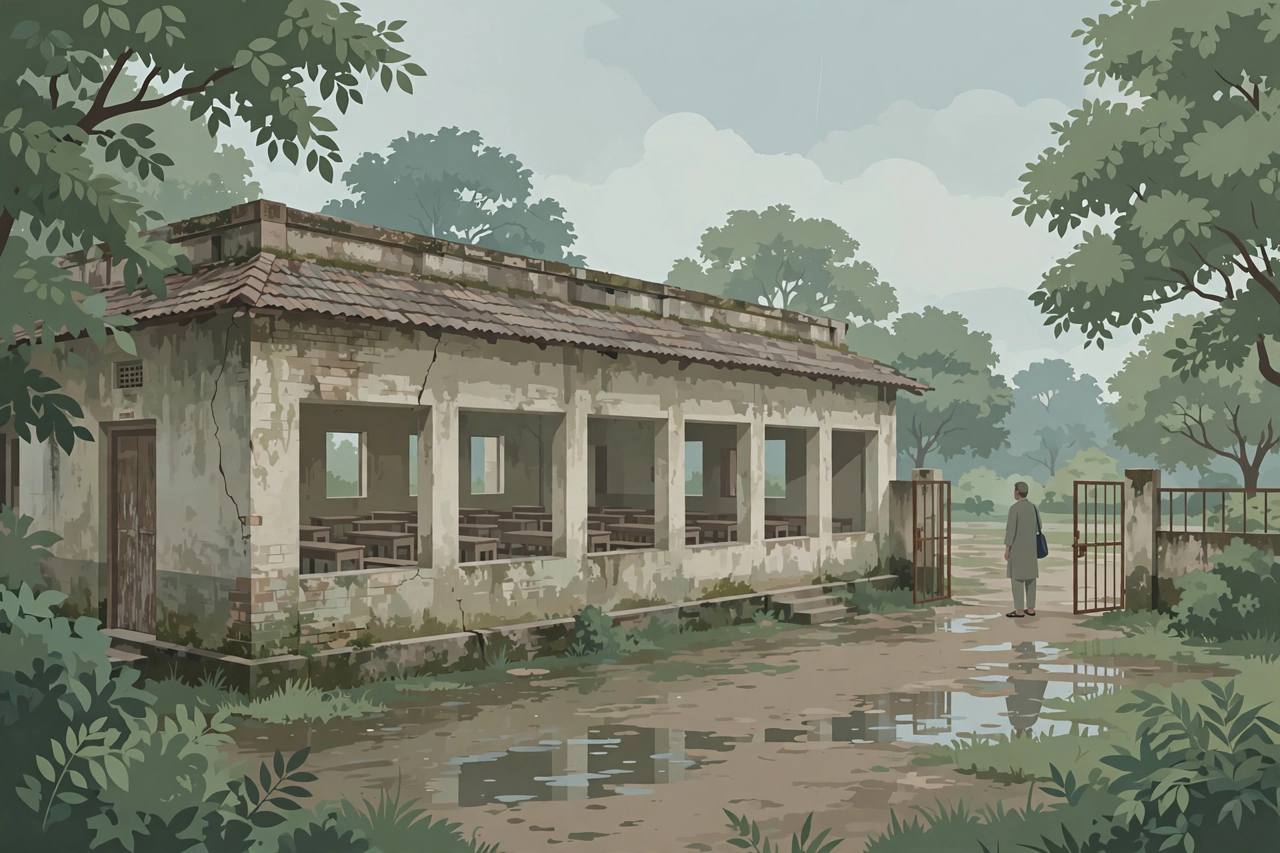 Editorial illustration of an empty government primary school building in West Bengal with vacant classroom benches visible through open windows and a lone teacher standing at the gate