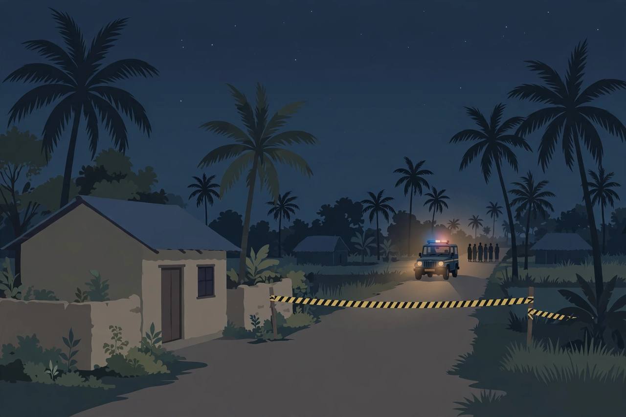 Editorial illustration of a quiet village lane in Malda at night, with a house, a police jeep at a distance and a cordon