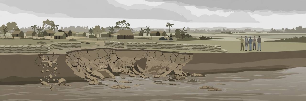Editorial illustration of a river eroding its bank near village houses in Malda district, with sandbags along the crumbling edge and officials surveying the damage