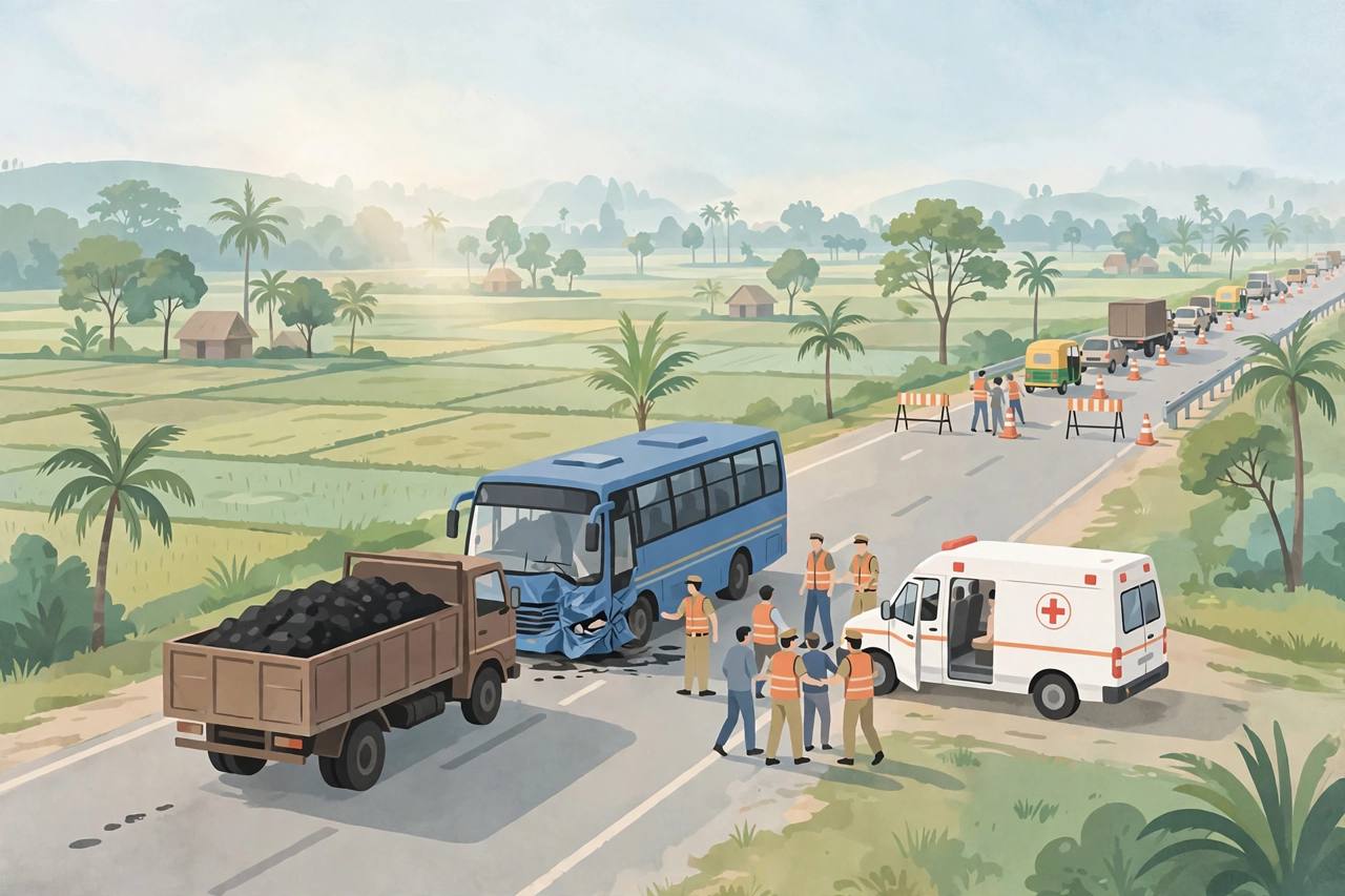 (Editorial illustration) A tourist bus with a crumpled front behind a coal-laden truck on the Panagarh bypass, with rescuers helping passengers towards an ambulance
