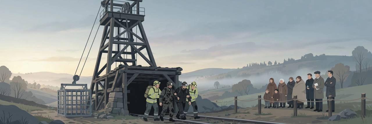 Editorial illustration of rescue workers helping miners in helmets walk out of a mine headframe entrance at dawn, with a cage lift beside the shaft