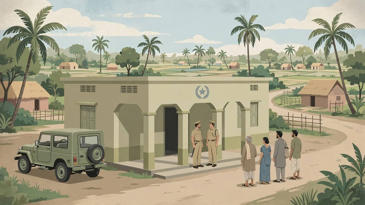 Editorial illustration of a village police station in Paschim Medinipur district, West Bengal, with police officers speaking calmly with generic adult villagers outside, no depiction of any incident