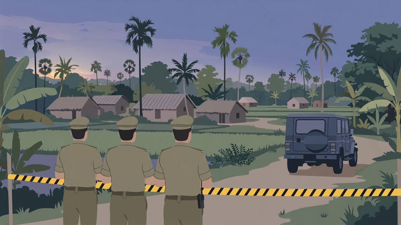 Editorial illustration of generic police officers seen from behind near a yellow police cordon on a rural West Bengal road at dusk, with a police jeep, palm trees and village houses