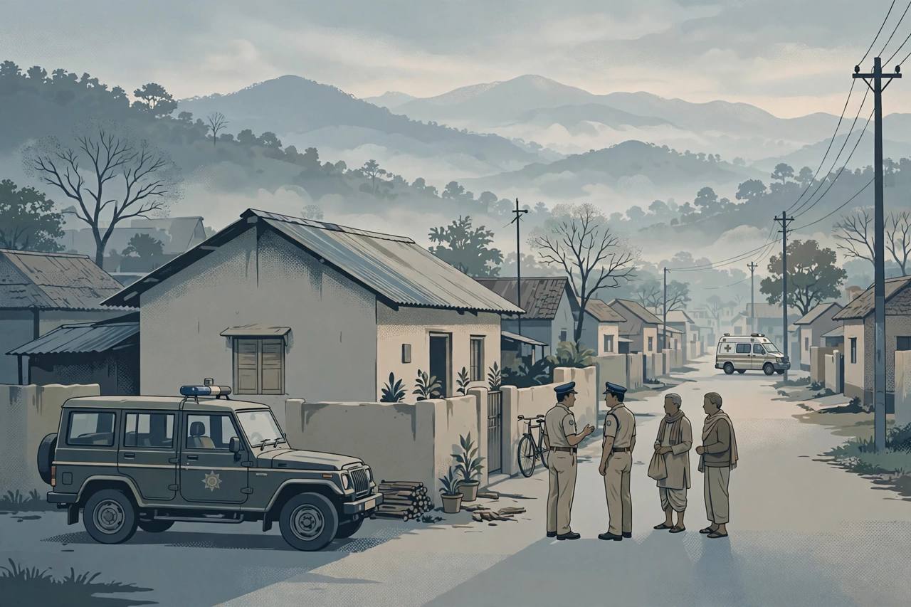 Editorial illustration of a police jeep and officers outside a house on a residential street in Siliguri at dawn, with an ambulance in the background