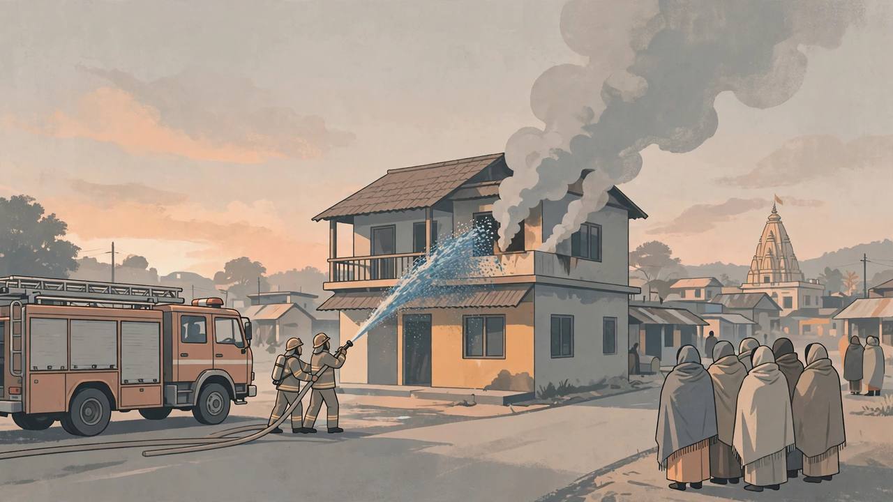 Editorial illustration of firefighters spraying water on smoke rising from the second floor of a hotel in the pilgrimage town of Tarapith at dawn, with guests standing safely outside